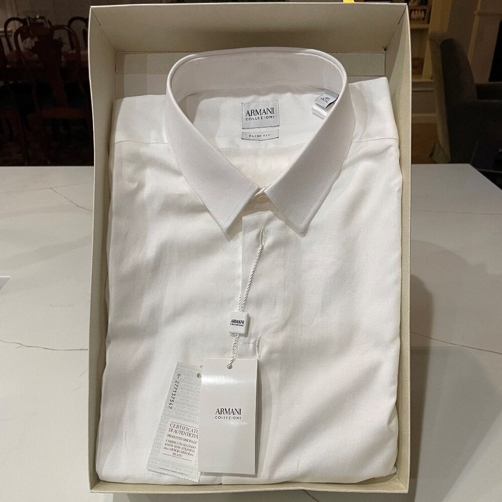 NTW Armani Collezioni White Long Sleeve Slim Fit Cotton Dress Shirt